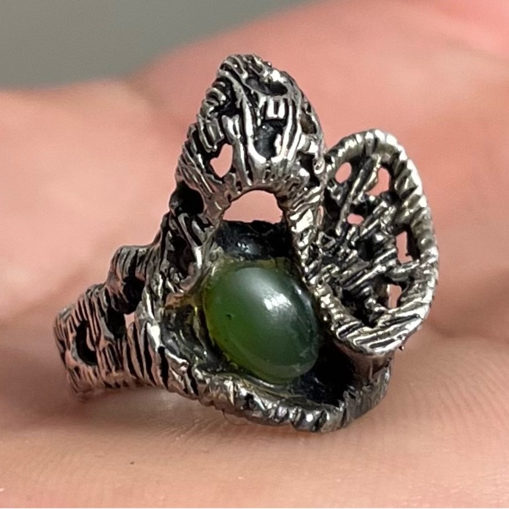 Vintage Brutalist Sterling Silver Jade Ring Size 5.75